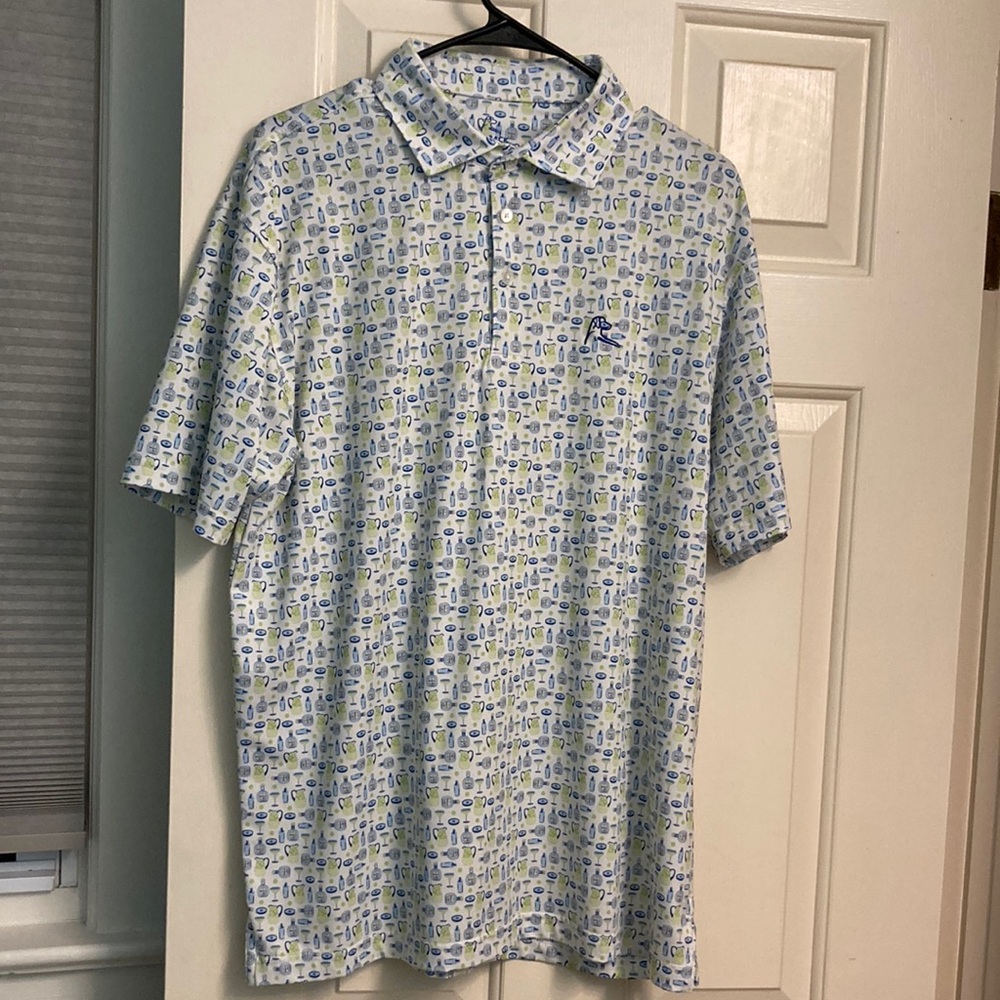 Rhoback The Patron Men’s L Blue and White Drink Themed Polo Shirt-Retired Print